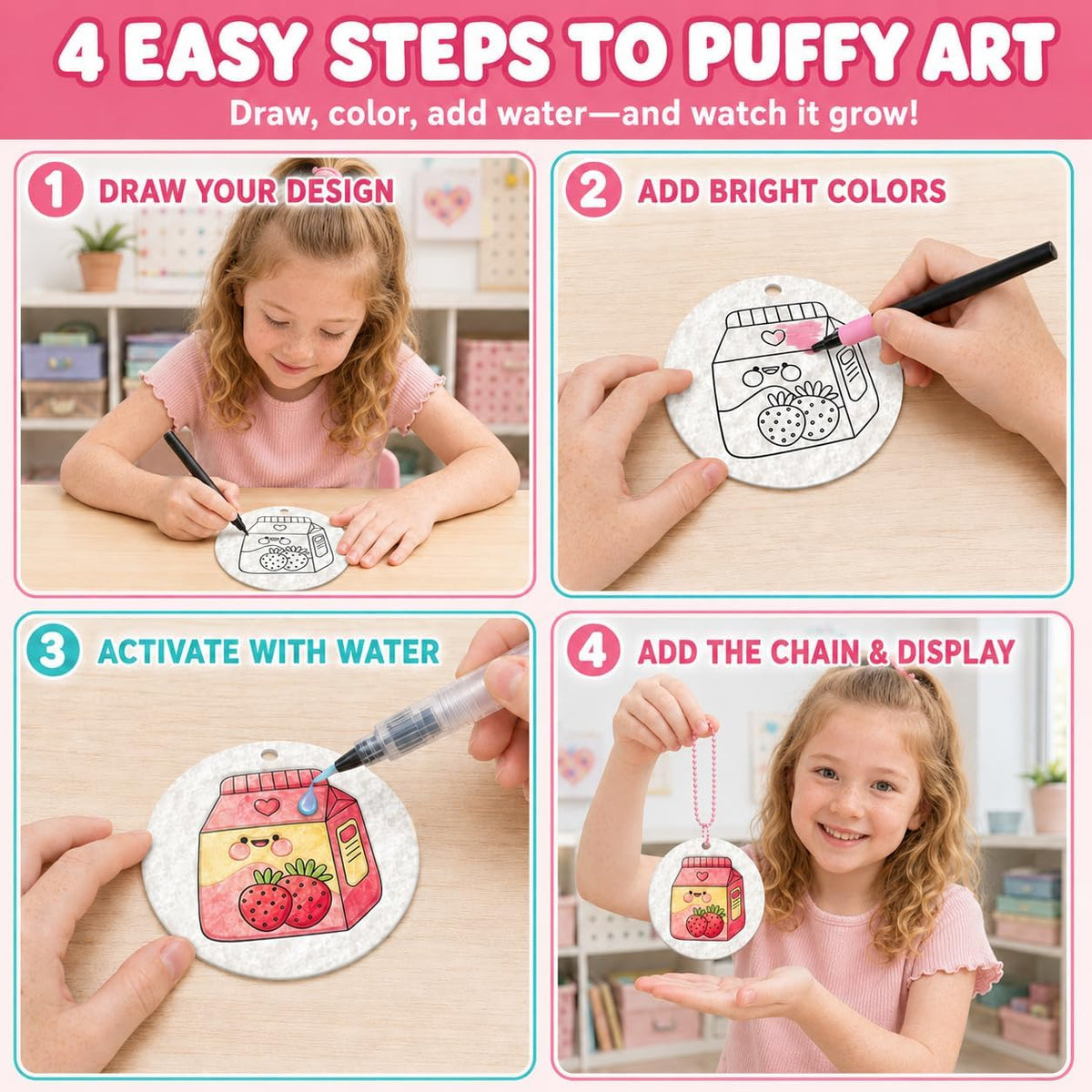 MZYTOZA Magic Foam Texture Painting Kit - 3D Art Craft Magic Puffs Paint Kit, 15 Mess-Free Paint by Number Craft for Kids (Pink)