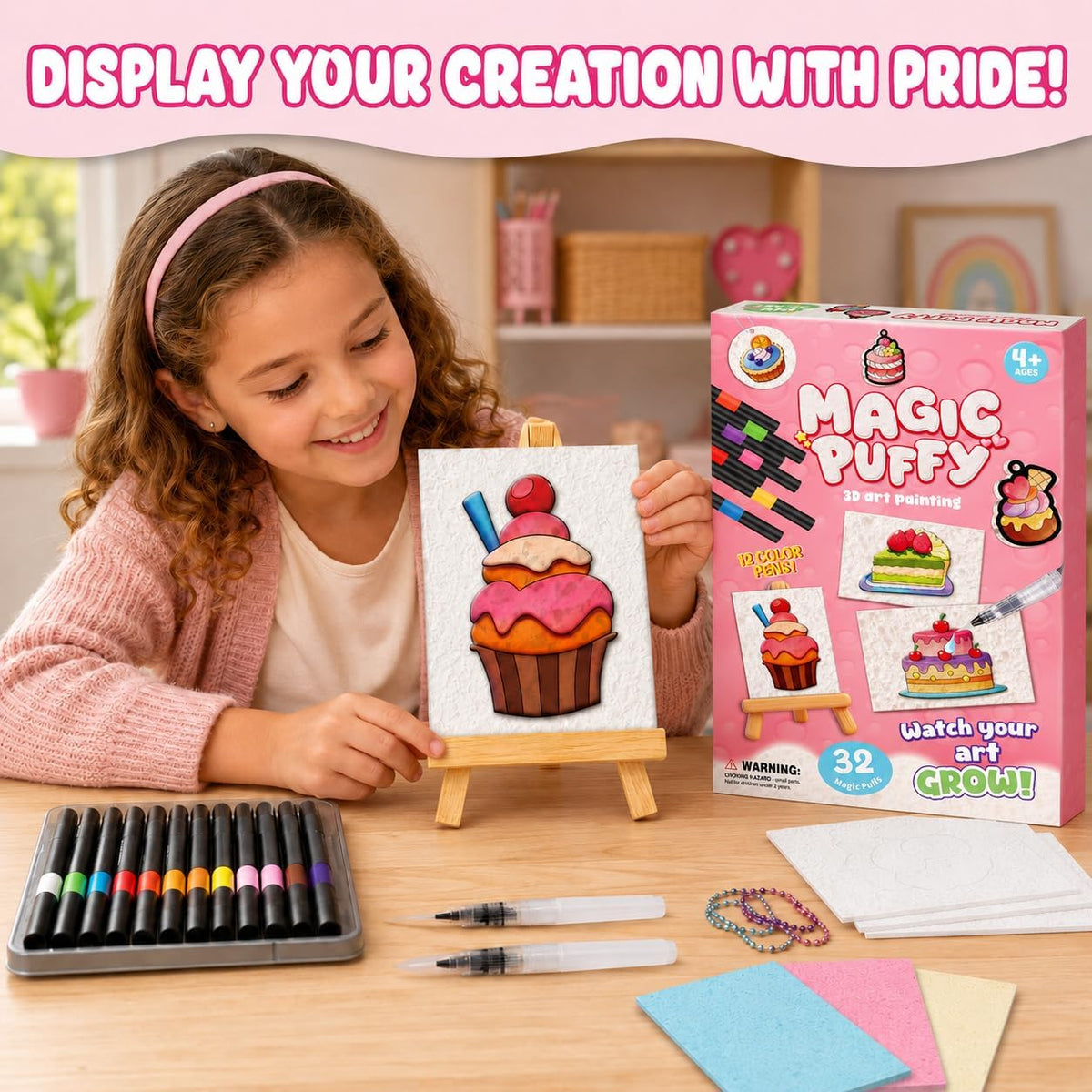 MZYTOZA Magic Foam Texture Painting Kit - 3D Art Craft Magic Puffs Paint Kit, 15 Mess-Free Paint by Number Craft for Kids (Pink)