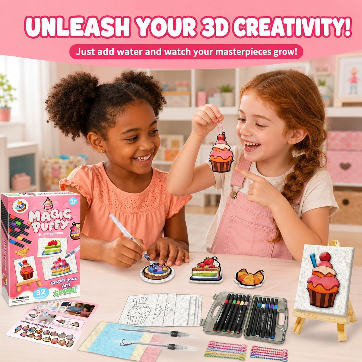 MZYTOZA Magic Foam Texture Painting Kit - 3D Art Craft Magic Puffs Paint Kit, 15 Mess-Free Paint by Number Craft for Kids (Pink)